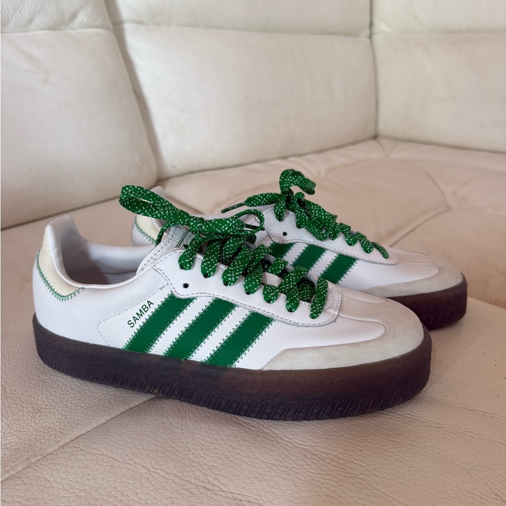 adidas Samba White Sneakers with Green Stripes and Green Laces